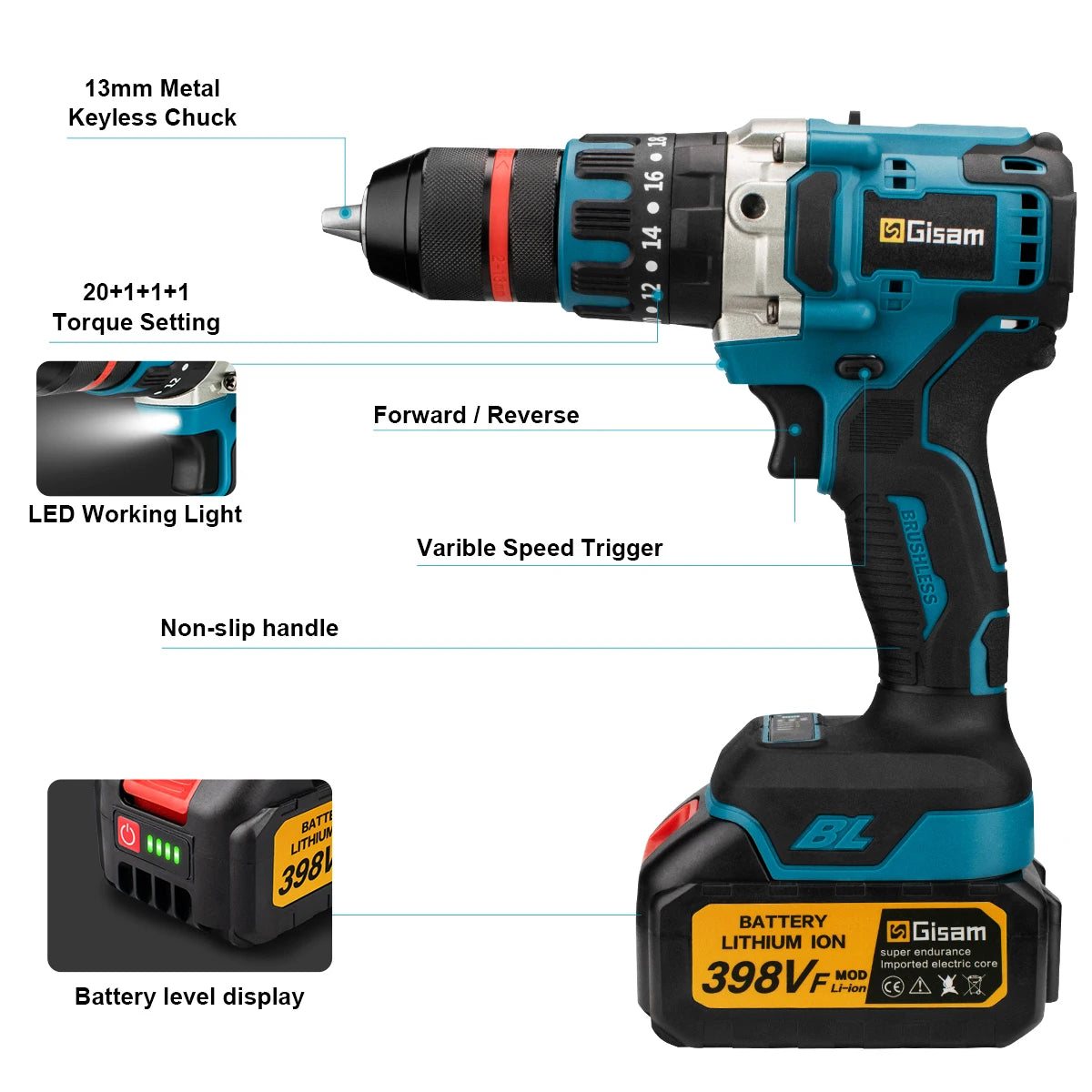 Gisam impact drill side view with adjustable torque and battery pack