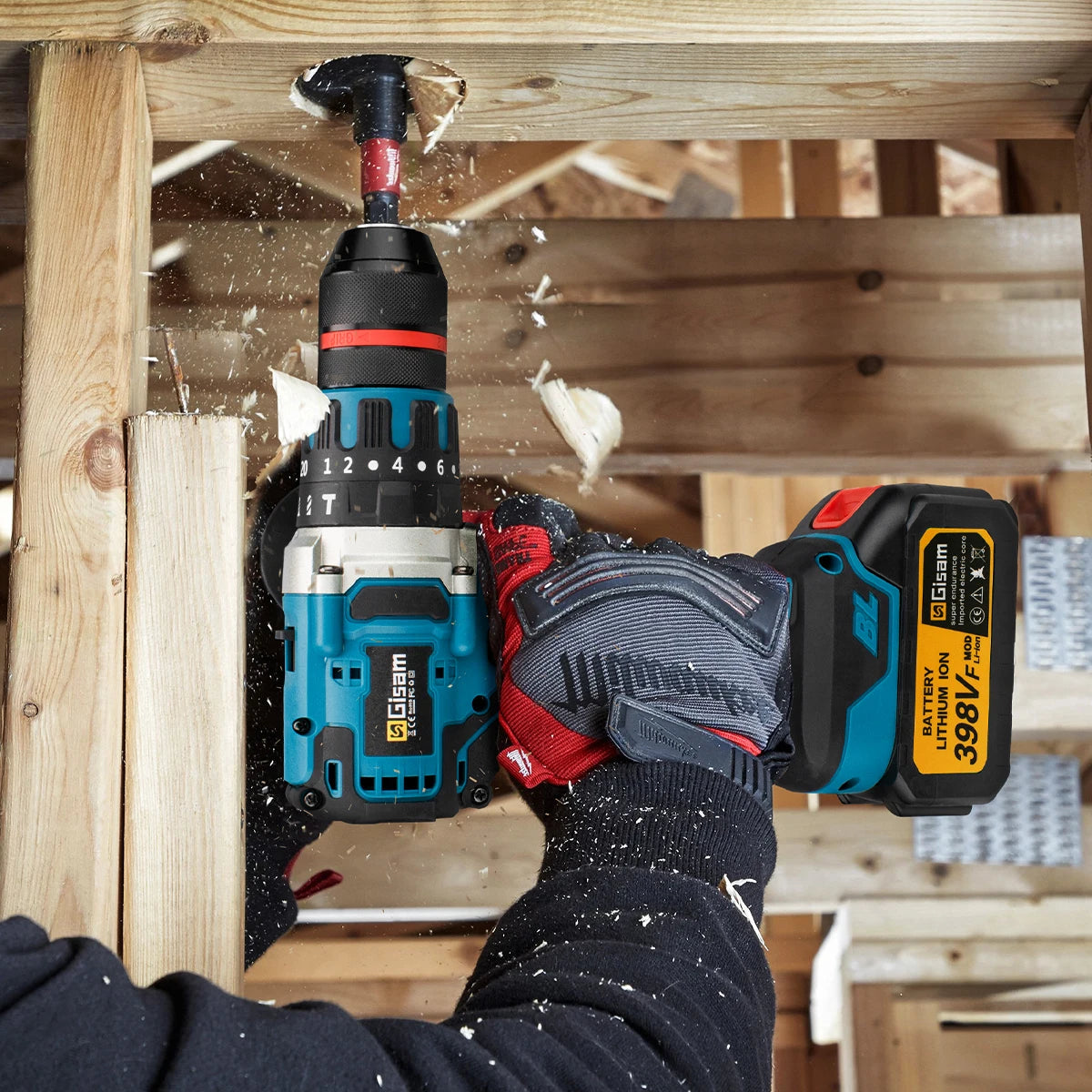 Gisam cordless drill lifestyle use in a wooden construction setting