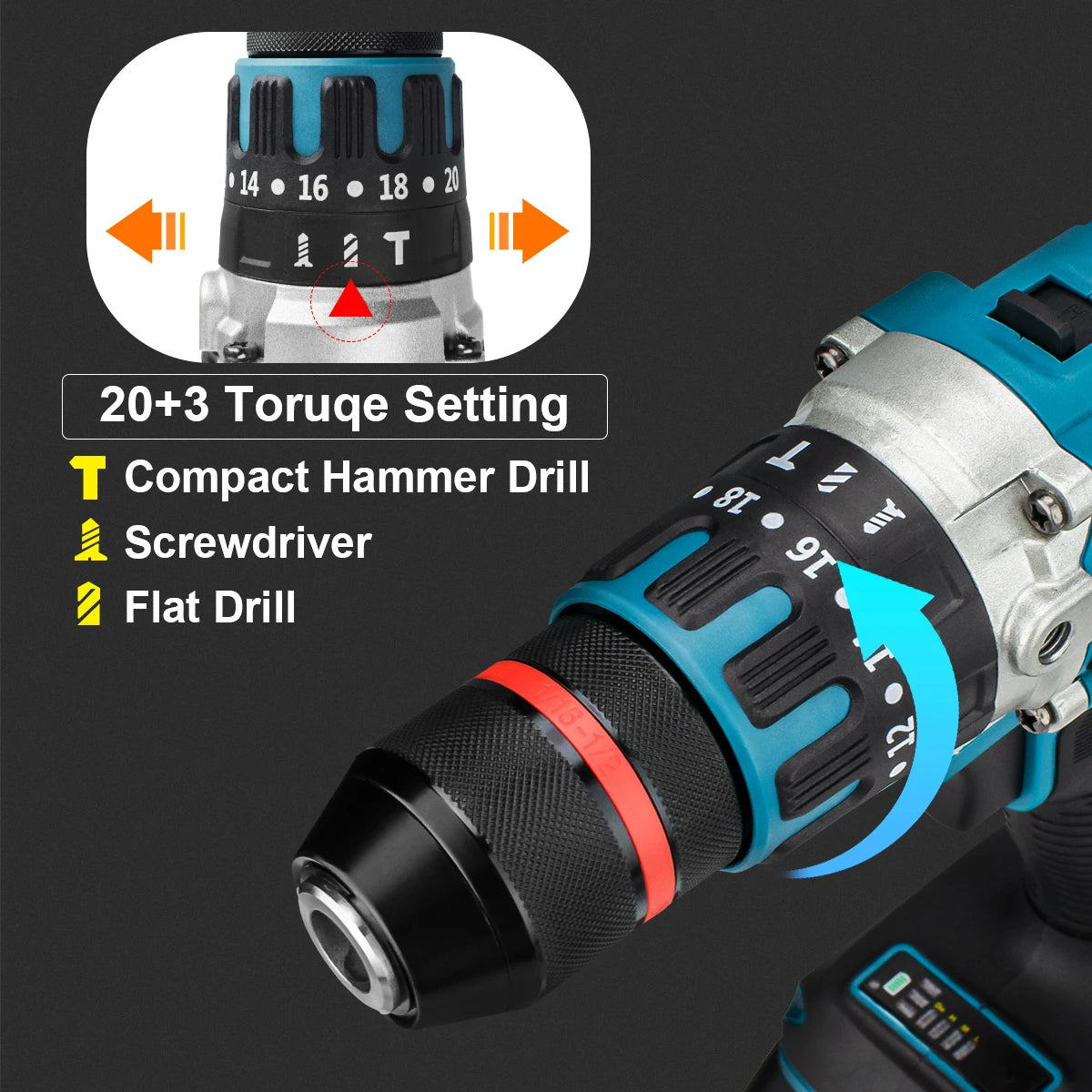 Gisam impact drill torque settings close-up on compact body