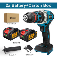 Gisam drill packaging showing accessories and 2x batteries