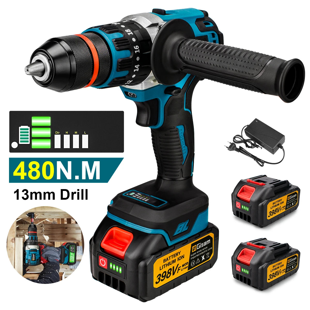 Gisam impact drill front view with LED, black-blue-red body