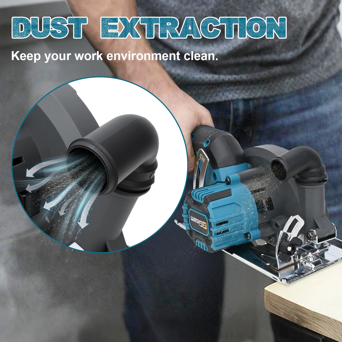 Gisam circular saw dust extraction port detail in studio view