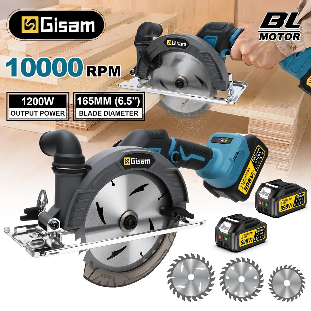 Gisam circular saw packaging, black and blue with battery included