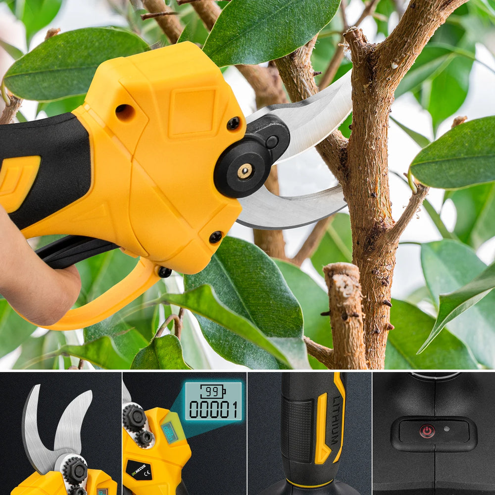 Gisam pruning shear front view with ergonomic handle and green branches