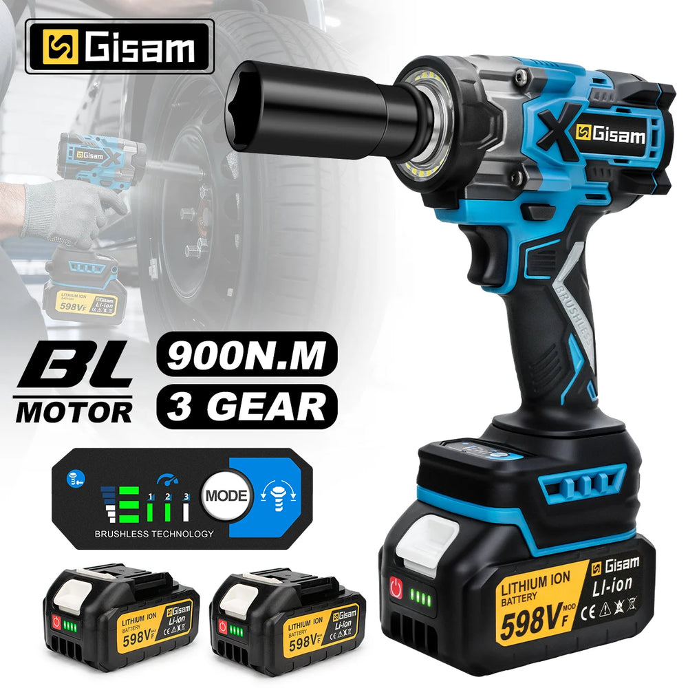 Gisam impact wrench front view in blue and black, brushless motor