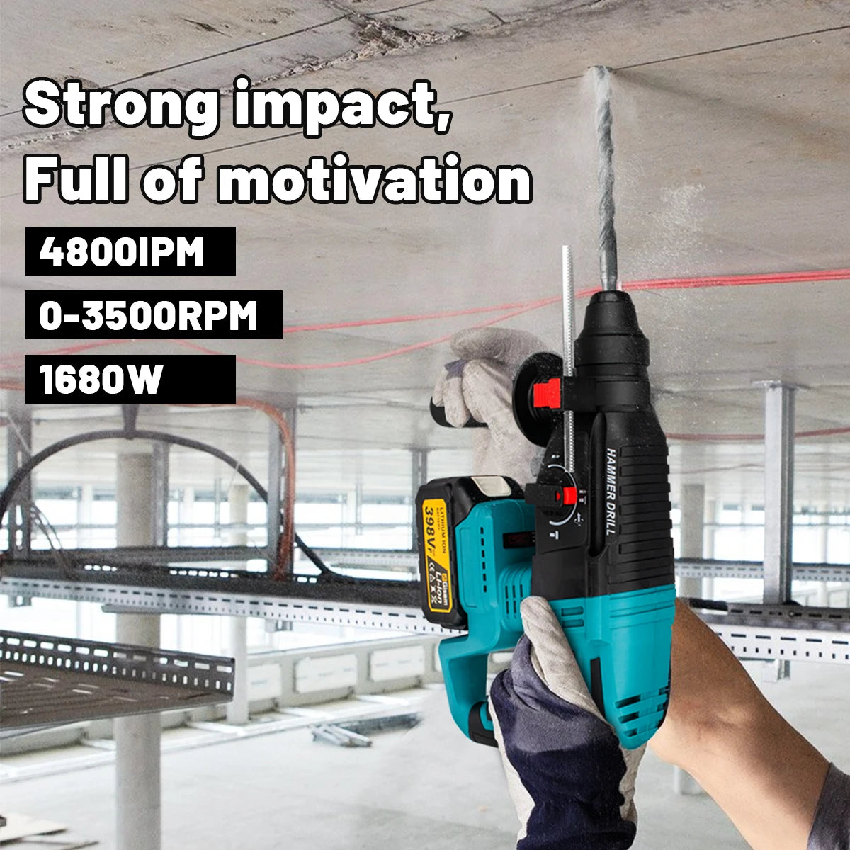 Gisam 26mm brushless hammer drill action detail, strong impact close-up