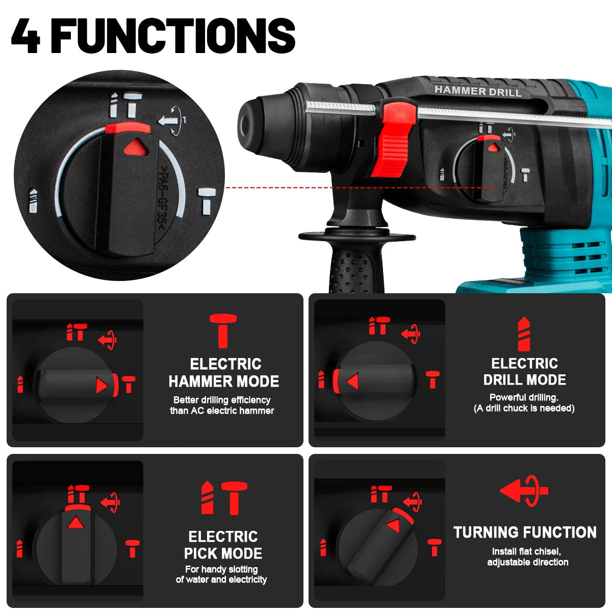 Gisam drill function settings detail, adjustable dial in black and red