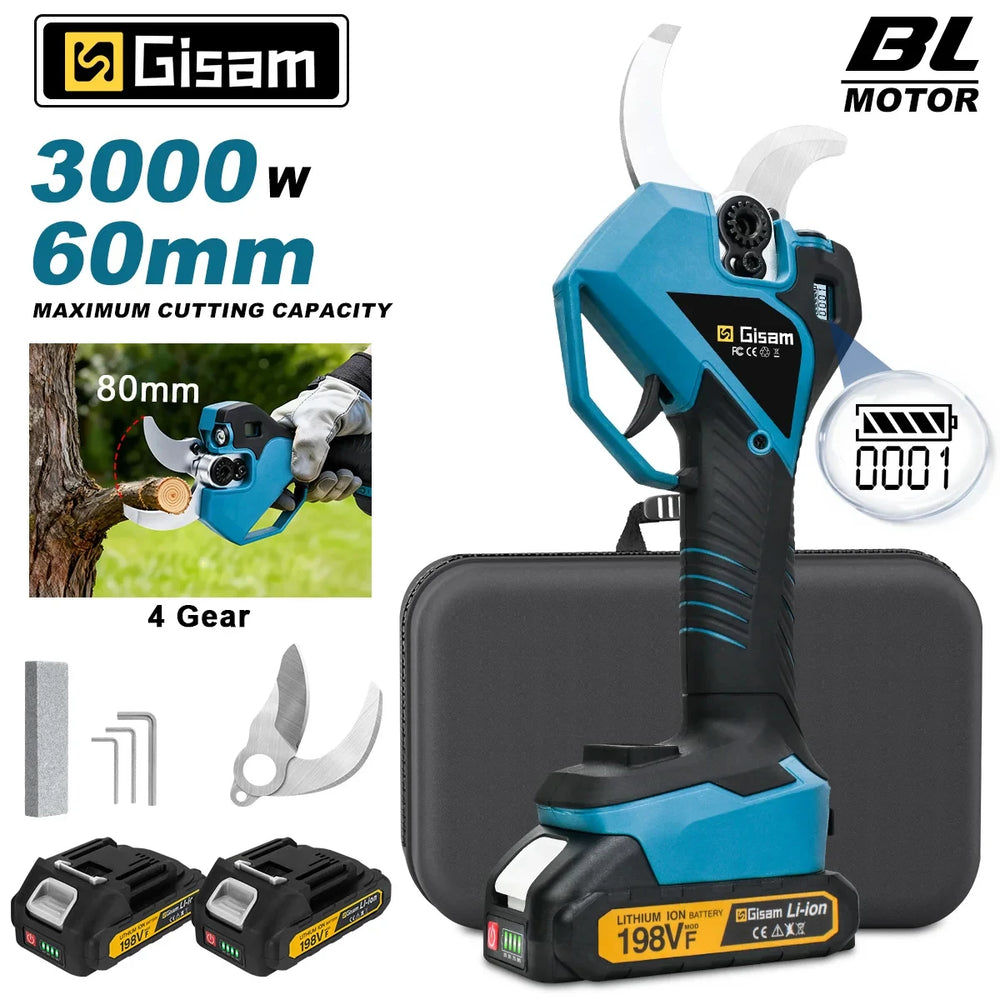 Gisam electric pruner packaging view, blue and black design