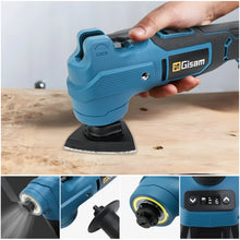 Gisam oscillating tool detail, cutting blade close-up in blue and black