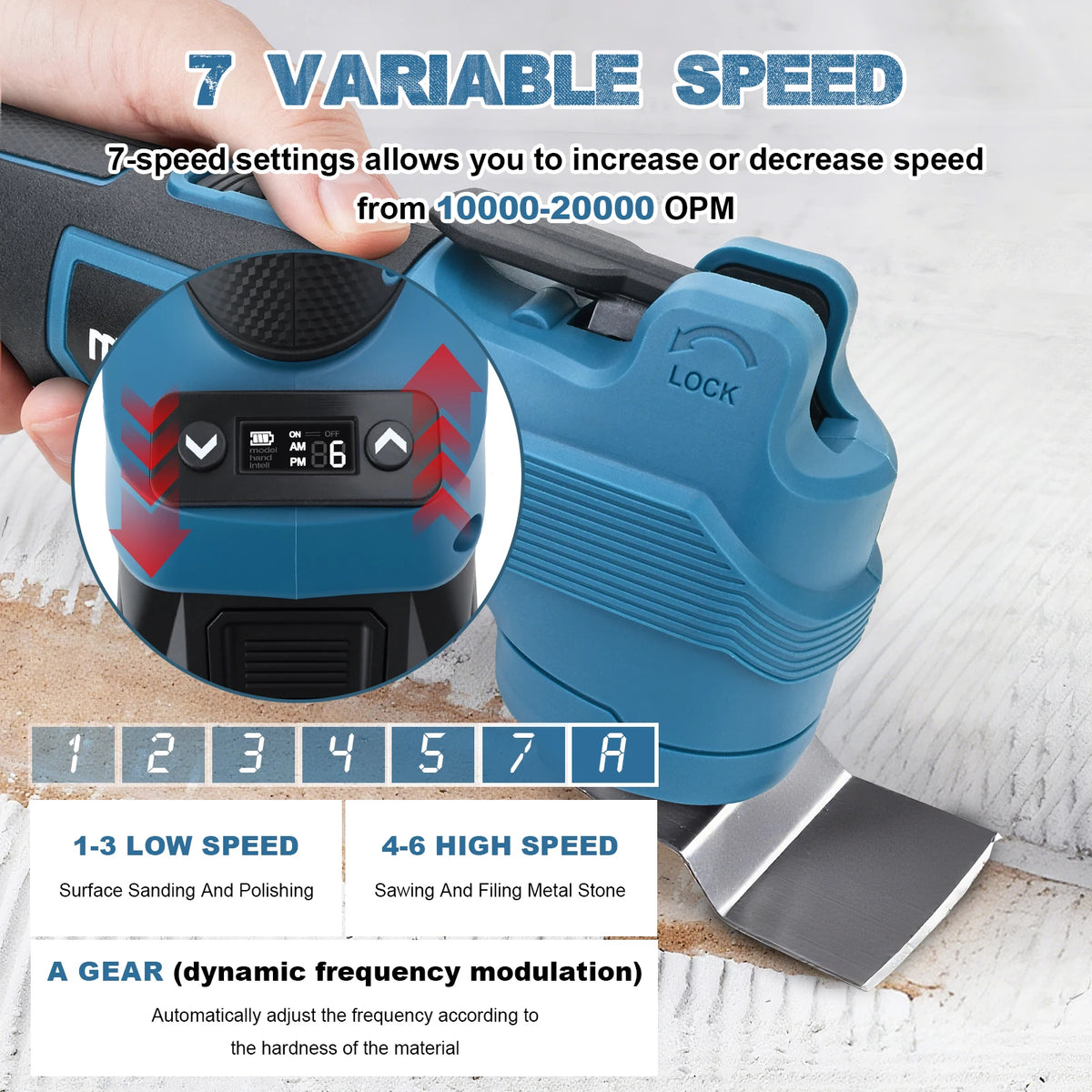 Gisam oscillating tool speed settings, user controls in blue and black
