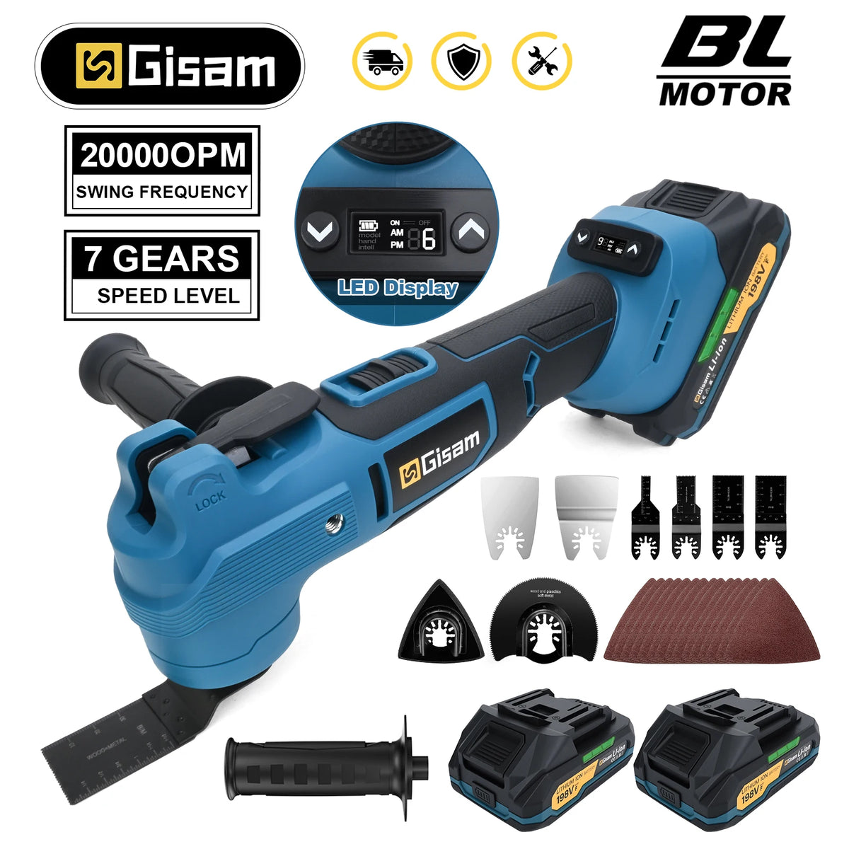 Gisam oscillating multitool packaging, blue and black set