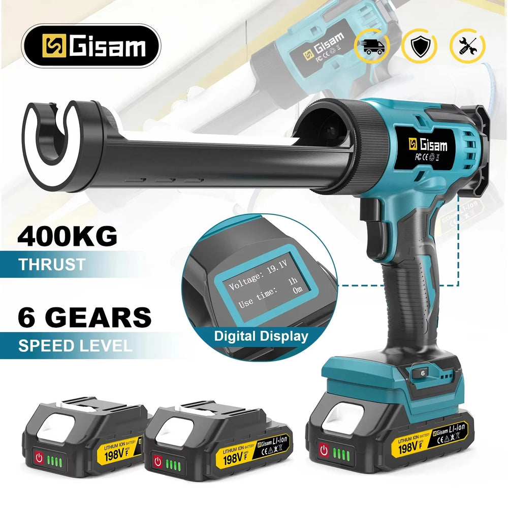 Gisam cordless caulking gun front view, blue and black body