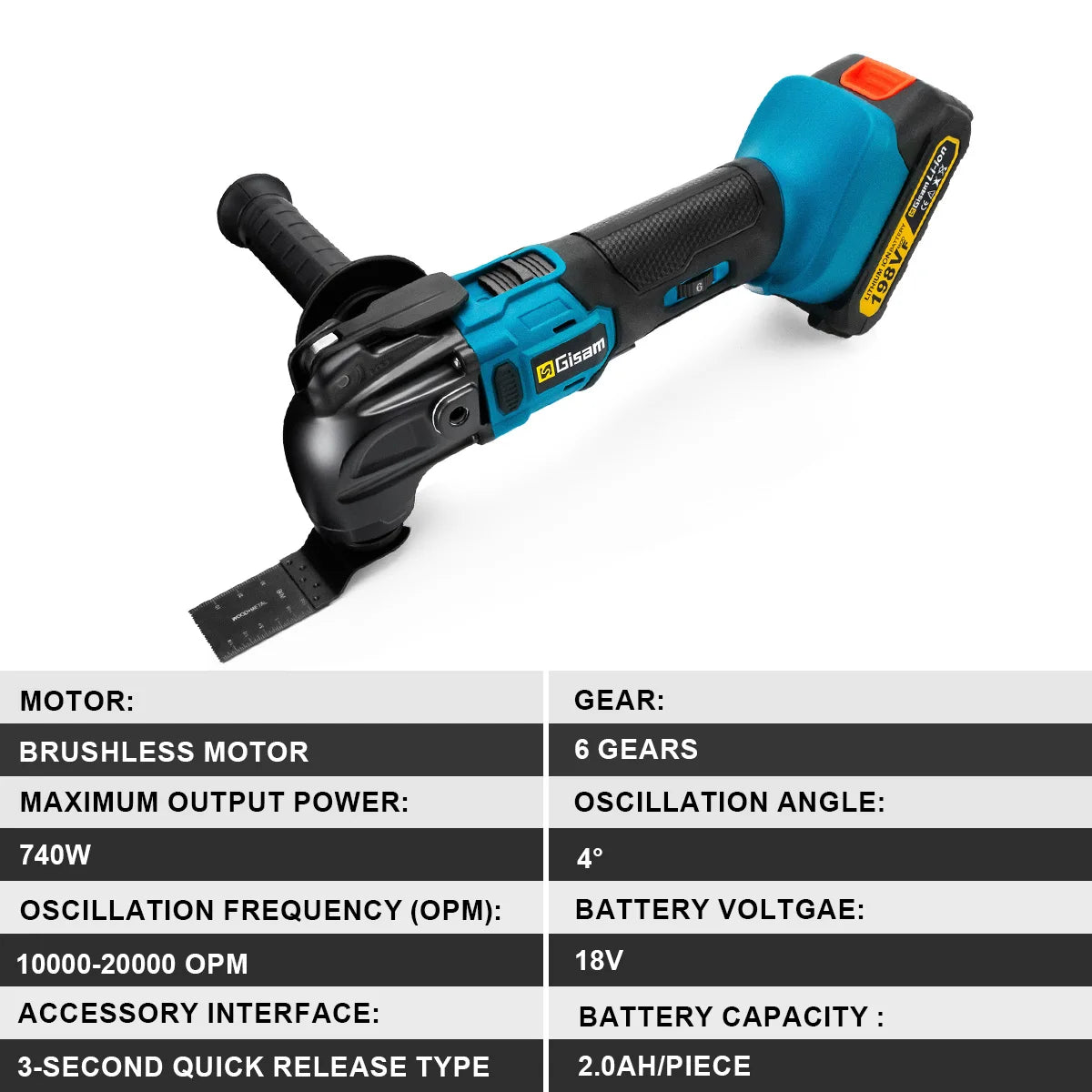 Gisam oscillating tool detail close-up, battery type and maximum speed