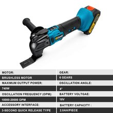 Gisam oscillating tool detail close-up, battery type and maximum speed