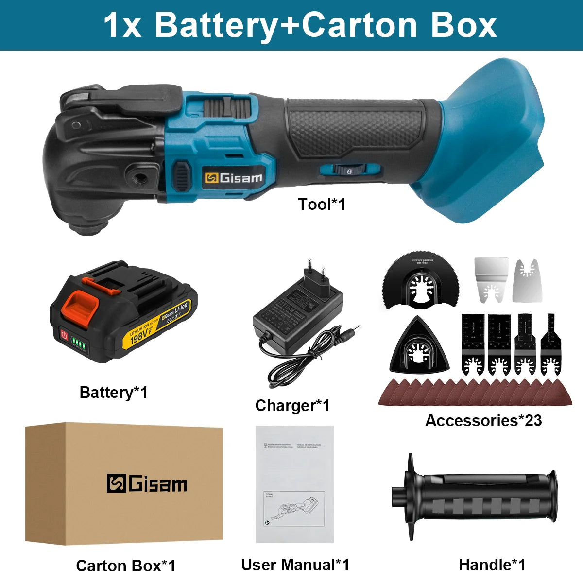 Gisam oscillating tool kit packaging, black and blue with battery and box