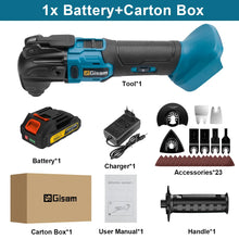 Gisam oscillating tool kit packaging, black and blue with battery and box