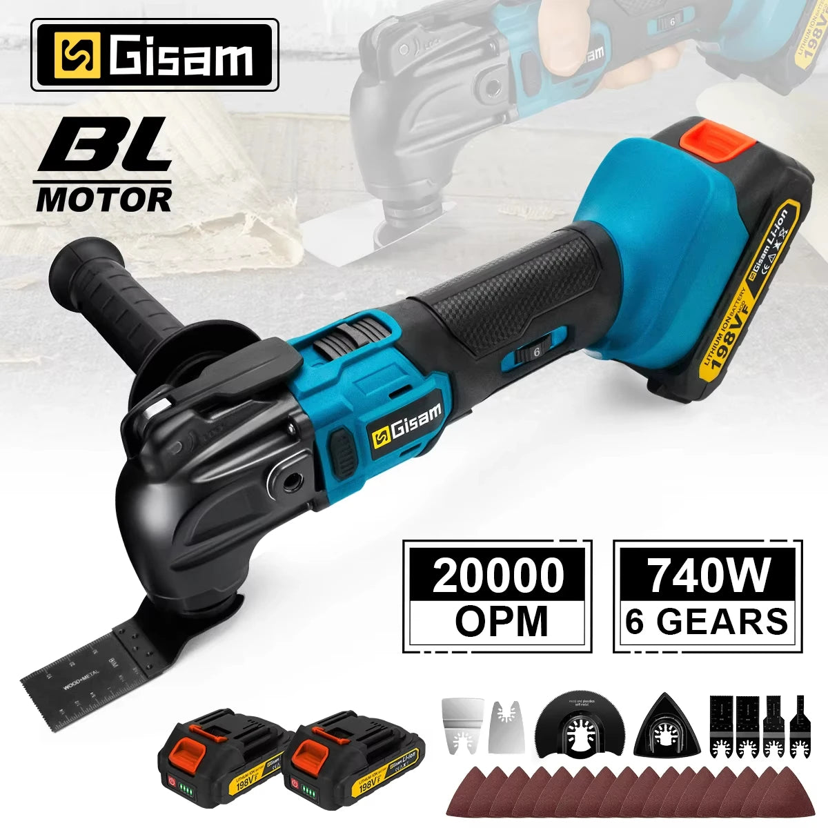 Gisam cordless oscillating tool front view, blue and black brushless motor