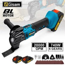 Gisam cordless oscillating tool front view, blue and black brushless motor