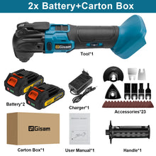 Gisam cordless oscillating tool lifestyle shot, two batteries and charger