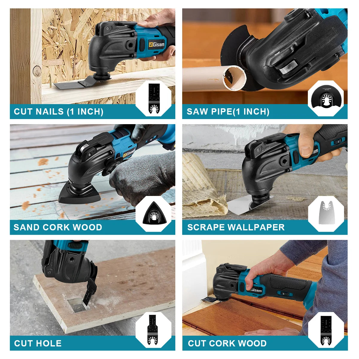 Gisam cordless oscillating tool accessories front view, blue and black attachments