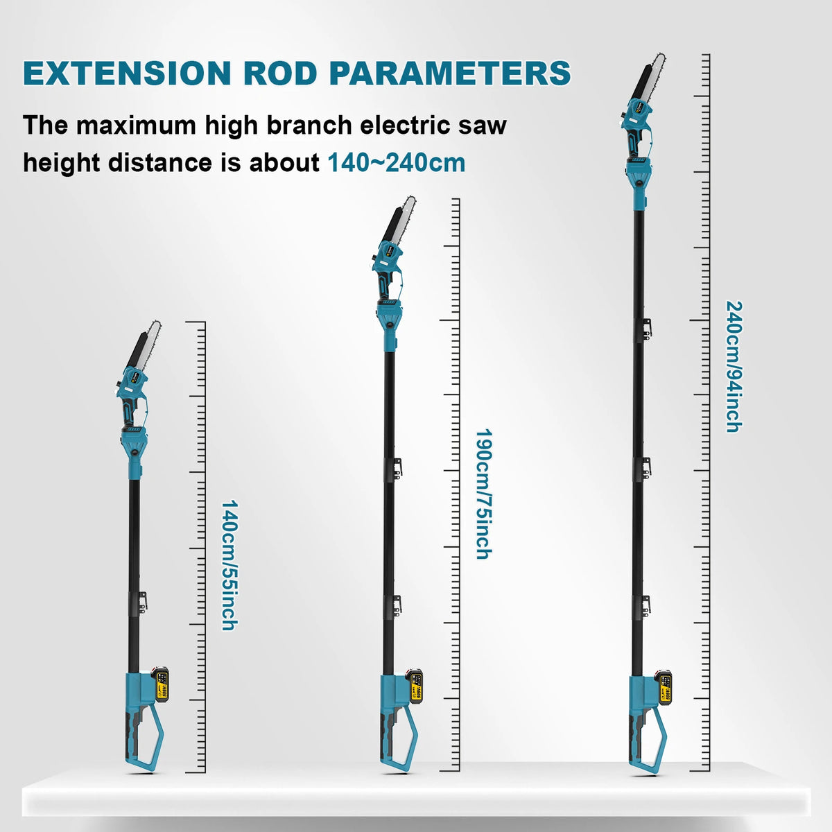 Gisam telescoping pole extension rod parameters, blue and black detail view