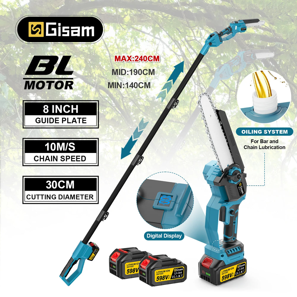 Gisam cordless pole saw packaging in blue and black, front view