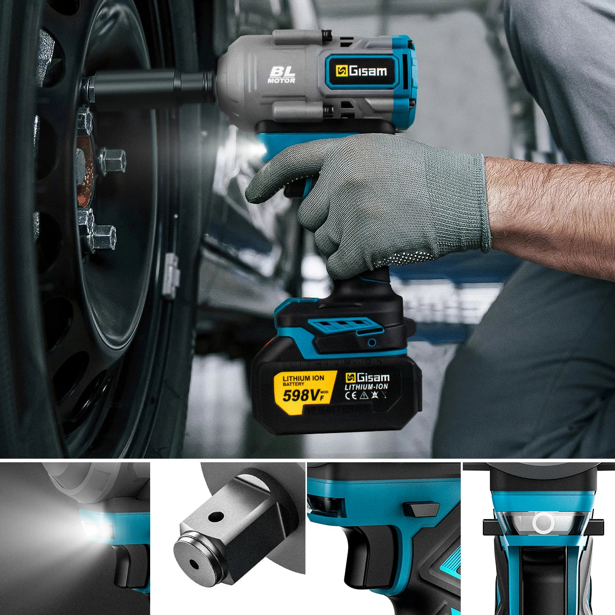 Gisam impact wrench in use, gloved hand with LED light