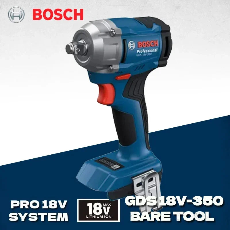 Bosch GDS18V-350 front view, blue-black impact wrench with LED light