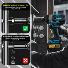 Gisam brushless impact wrench detail view, blue and black with specs