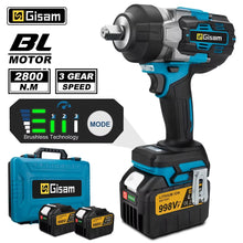 Gisam brushless impact wrench front view, blue and black with battery
