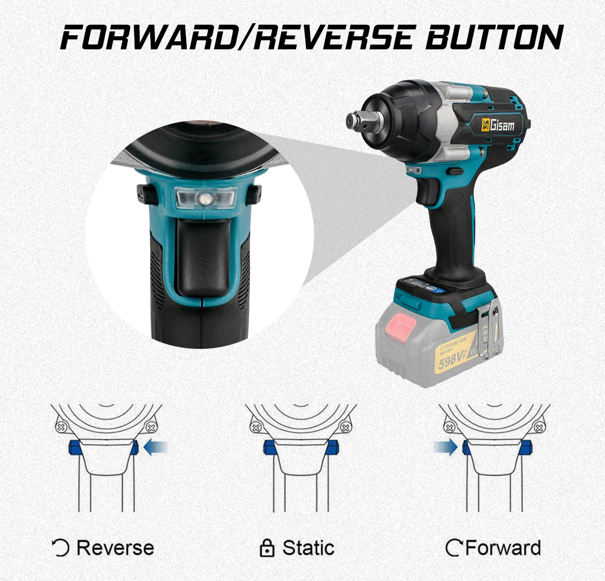 Gisam impact wrench detail close-up of speed adjustment switch, black blue