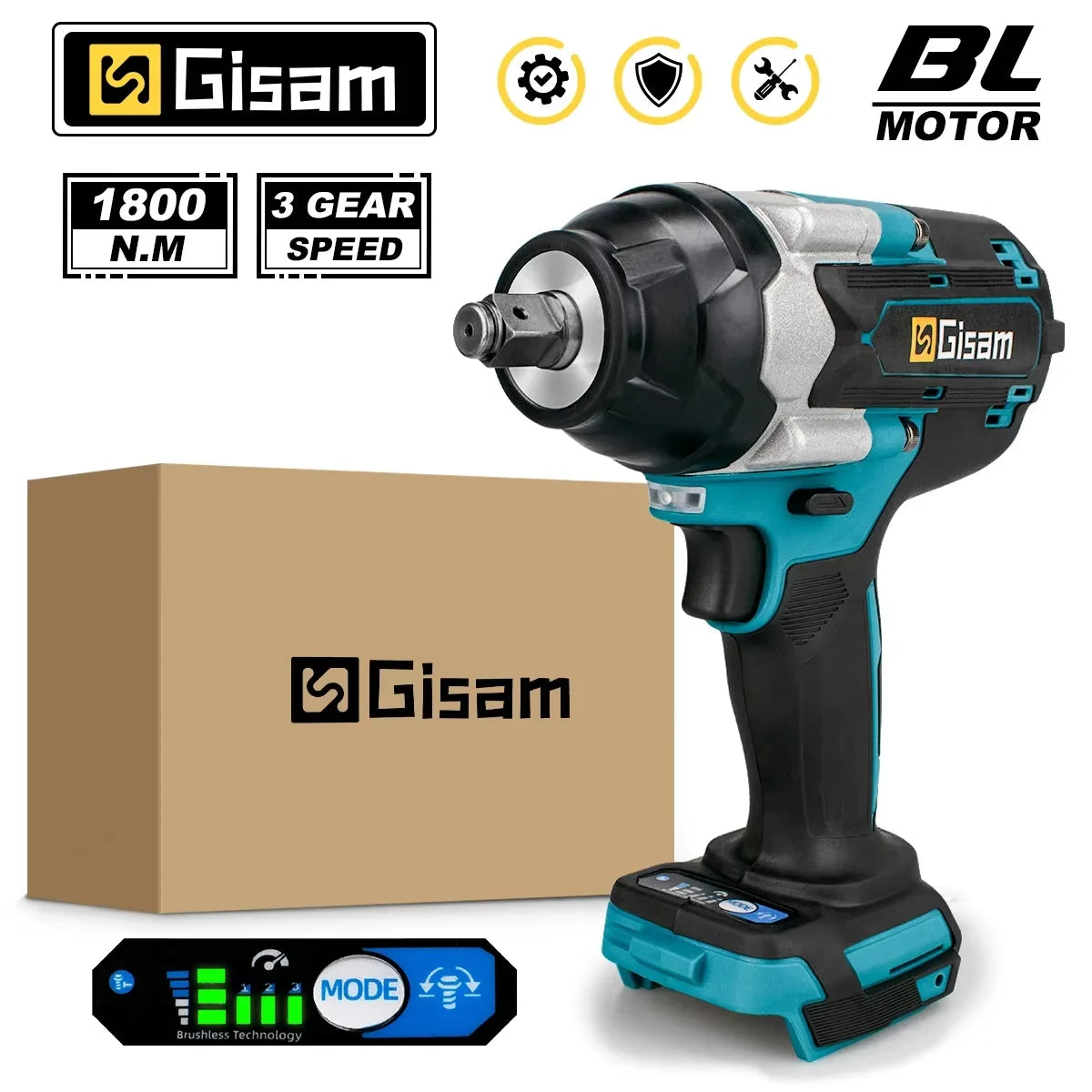 Gisam brushless impact wrench lifestyle front view, black blue gray