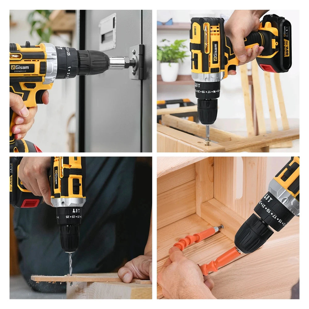 Gisam drill packaging shot in yellow, black, and white with batteries included