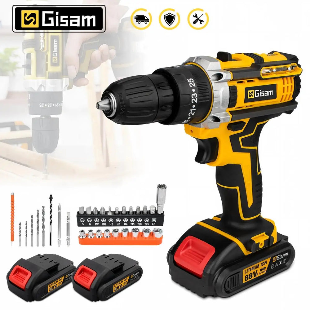 Gisam electric impact drill front view in yellow and black with battery included