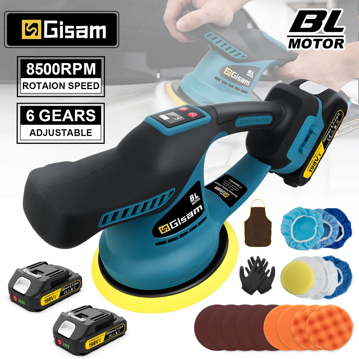 Gisam cordless car polisher blue-black front view with 6 gears