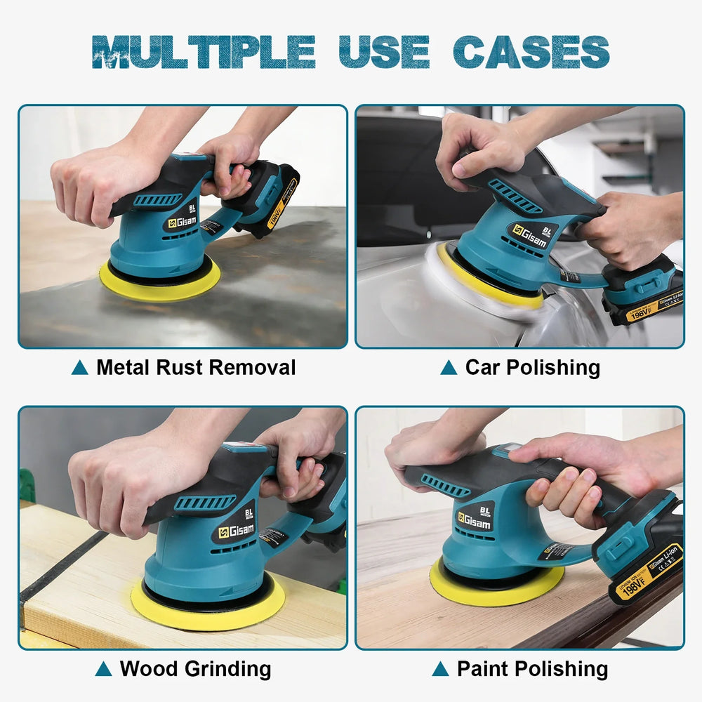 Gisam cordless car polisher in use lifestyle shot, blue and black