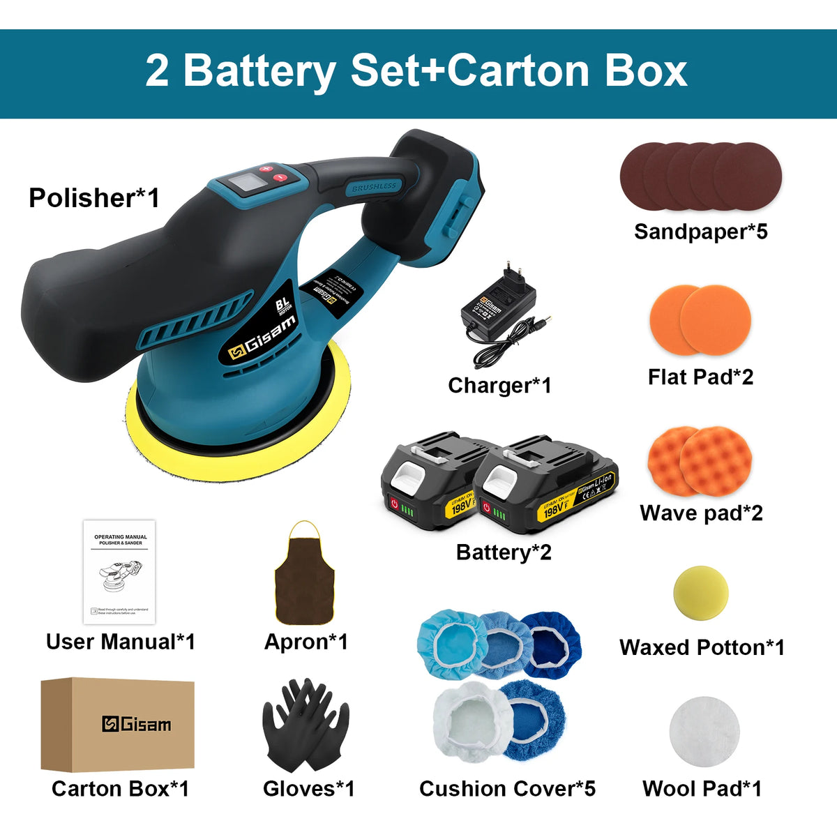 Gisam car polisher packaging with included accessories, carton box