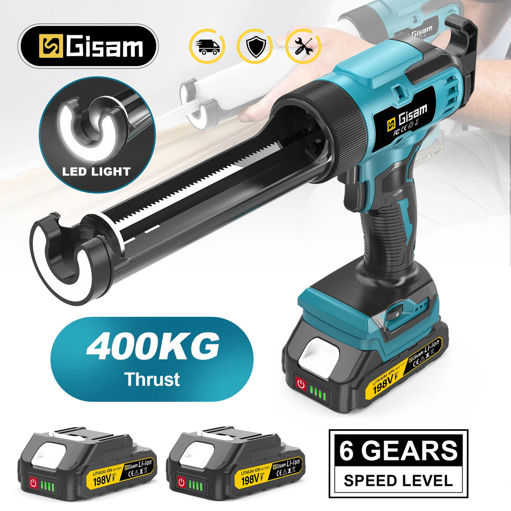 Gisam electric caulking gun detail view in blue and black with LED light