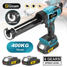Gisam electric caulking gun detail view in blue and black with LED light