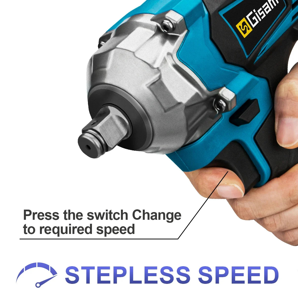 Gisam impact wrench speed control detail in blue and silver, close-up