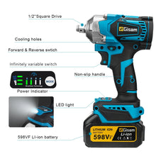 Gisam impact wrench feature detail with LED light, battery indicator, switches