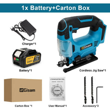 Gisam jig saw kit packaging showing one battery and charger included