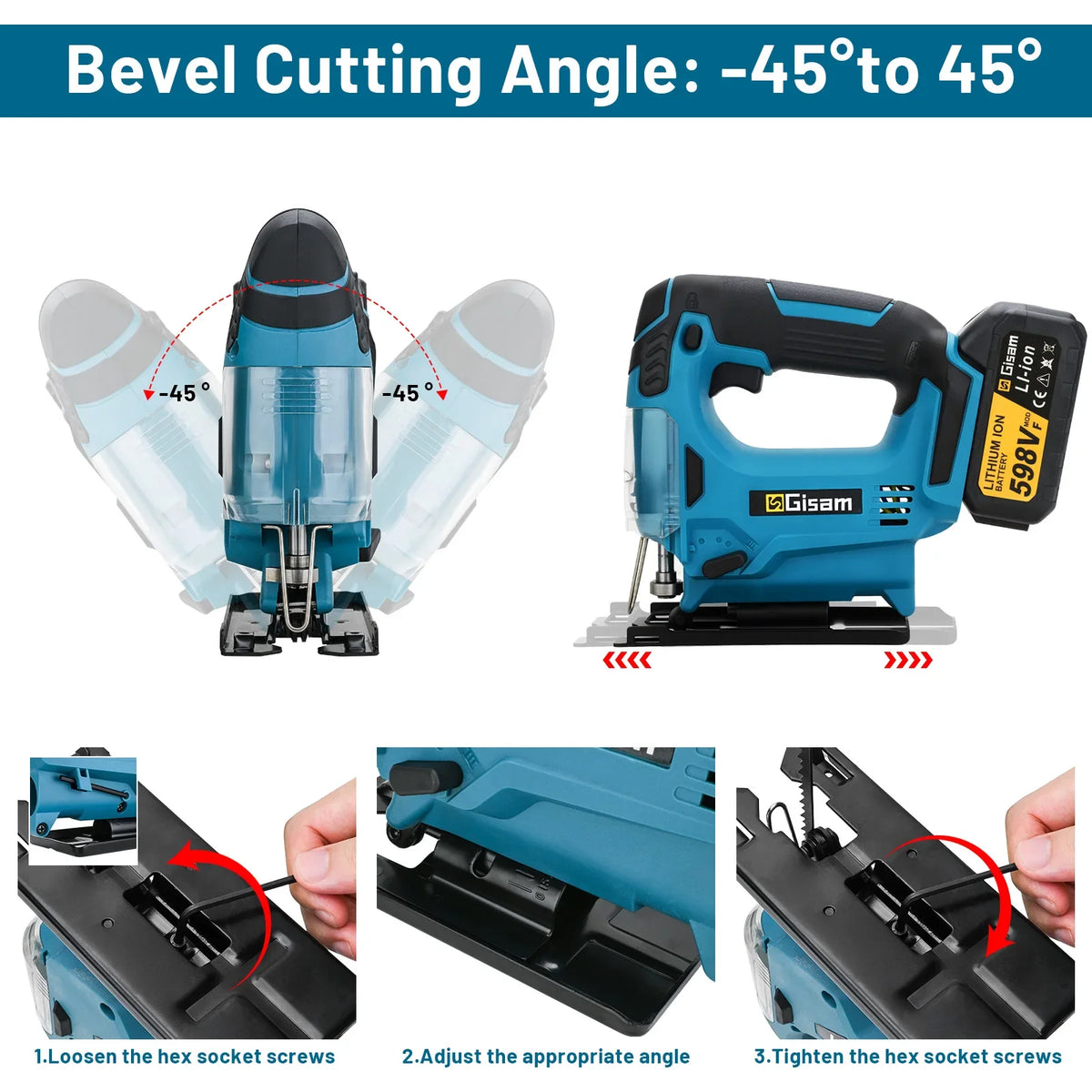 Gisam jig saw bevel cutting angle detail, blue and black ergonomic design