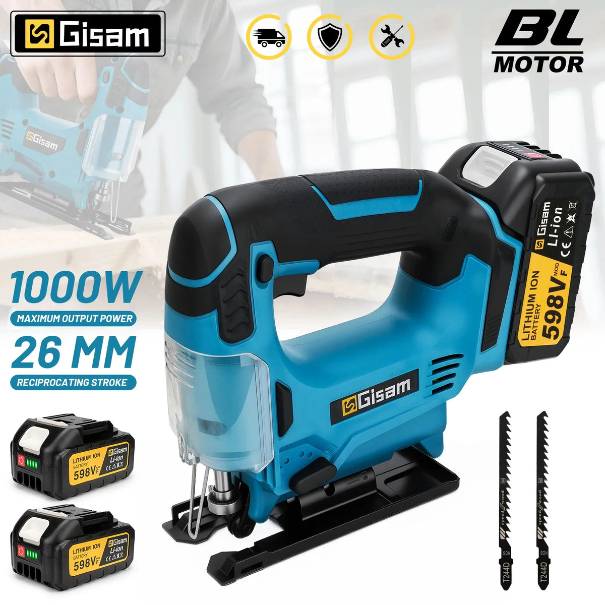 Gisam jig saw blue and black packaging, adjustable blade and variable speed