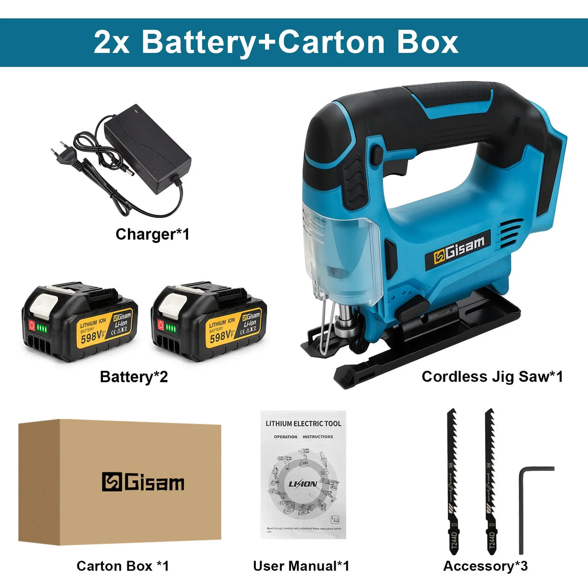 Gisam jig saw kit packaging showing two batteries and charger included