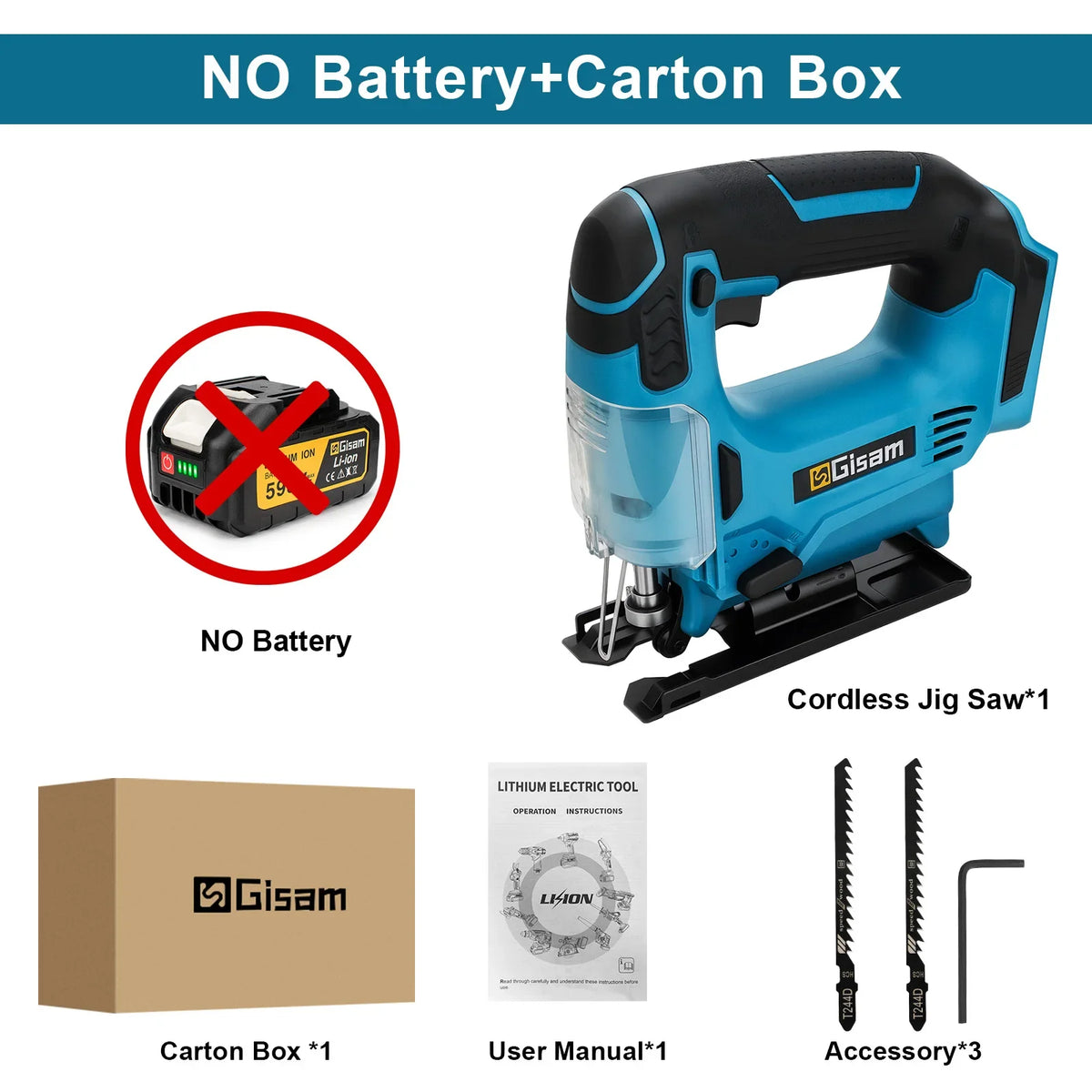 Gisam jig saw tool set packaging with accessories, no battery included