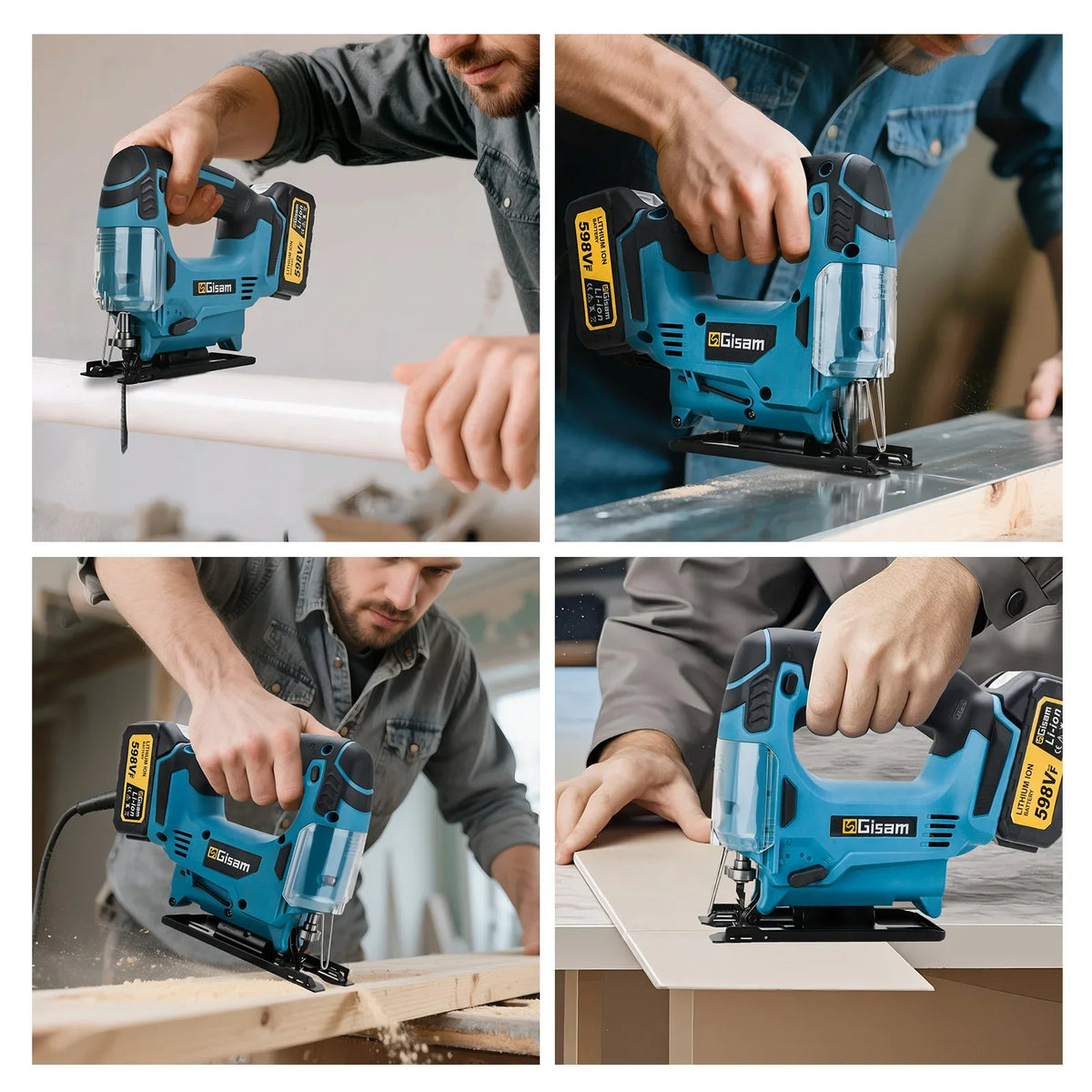 Gisam jig saw lifestyle shot, blue and black tool cutting wood with Makita battery