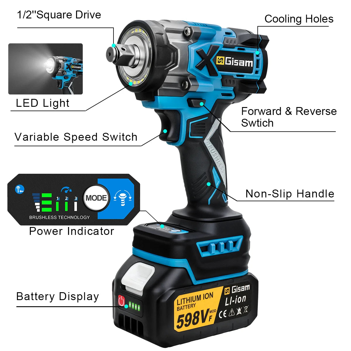 Gisam cordless impact wrench LED detail, black and blue with battery indicator