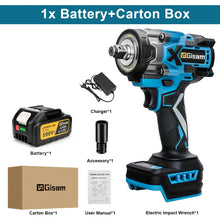 Gisam impact wrench kit packaging, battery and charger shown in box