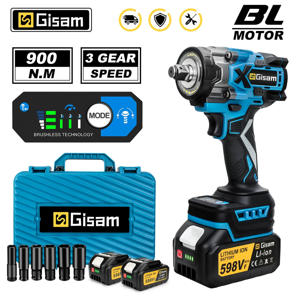 Gisam impact wrench kit packaging, blue and black cordless set with battery included